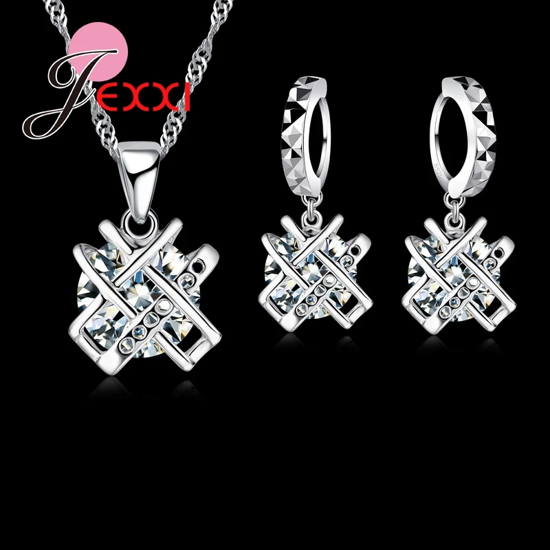 

New Design Round CZ Crystal 925 Sterling Silver Jewelry Sets Necklace And Earring Set Exquisite Ladies Gift For Women Weddiing