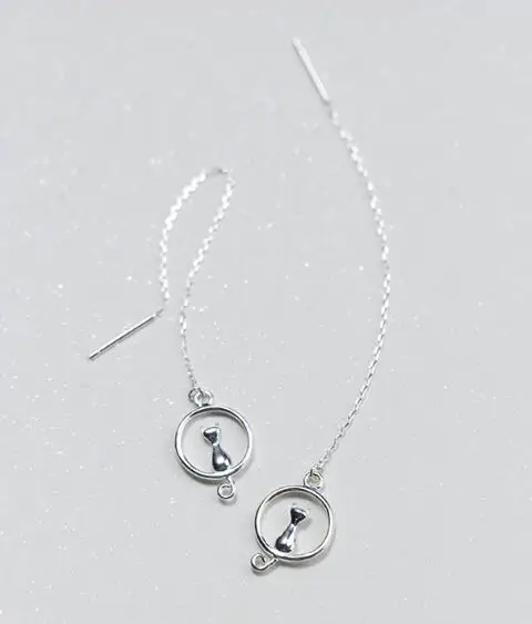 

100% Authentic 925 Sterling silver Kitten Cat Sitting on the Moon Dangle Earrings threader Fine jEWELRY E1657