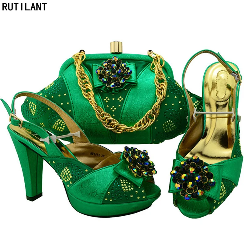 

High Quality New Arrival Italian Matching Shoe and Bag Set for Wedding Italian Shoes with Matching Bags Set Decorated with Stone
