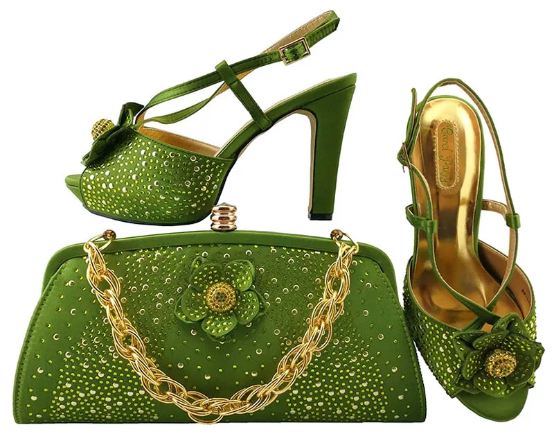 

Hot sales high quality high heel 4.3 inches elegant italian design nice 2018 army green shoes and bag matching set SB8099-1