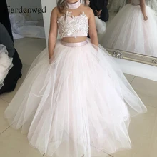 Two Pieces Pink Flower Girl Dresses 2020 Halter Lace Appliques Ball Gown Tulle Kids Communion Dresses white lace pink tulle ball gown flower girls dresses for weddings tulle lace formal kids wear for party communion dress