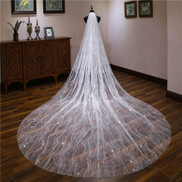 

Luxury Ivory Cut Edge Wedding Veils With Combom Blusher Shiny Tulle Long Bridal Veil Wedding Accessories