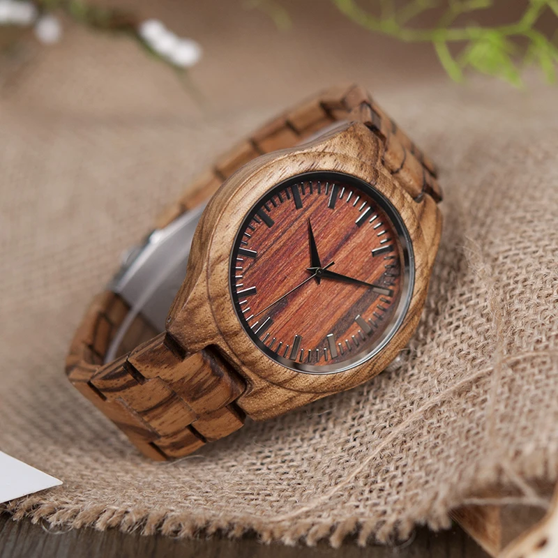 BOBO BIRD V-K27 Zebra Wooden Wristwatch Mens Brand Design Red Wooden Dial Quartz Watch Wood/Leather Strap Available in Gift Box