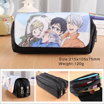 

YURI!!! on ICE Anime Pencil Bag Pu Leather Double Zipper Flip Cover Pencil Case Pen Bags School Supplies Creative Children Gift