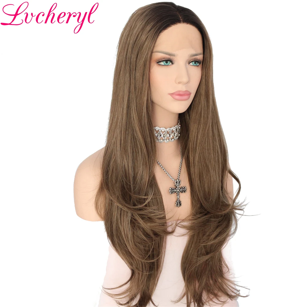 

Lvcheryl Natural Wave Type Hand Tied Ombre Black to Brown Color Heat Resistant Fiber Hair Wig Glueless Synthetic Front Lace Wigs