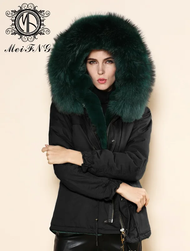 Elegant comfortable Mr black jacket green faux fur inside with raccoon ...