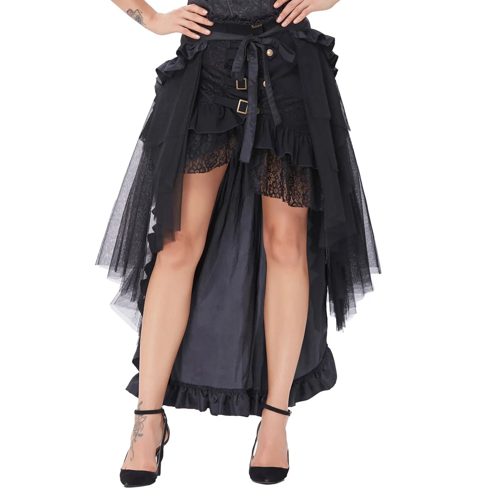 

Belle Poque Black Skirts Womens Ruffled Long Open Skirt Steampunk Retro Asymmetrical Skirt for Dancing 2017 Summer Gothic Skirt