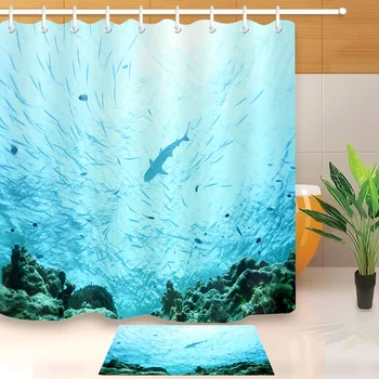 

LB 72'' Blue Sea Fish 3d Waterproof Shower Curtains Liner With Bath Mat Set Polyester Bathroom Curtain Fabric for Bathtub Decor