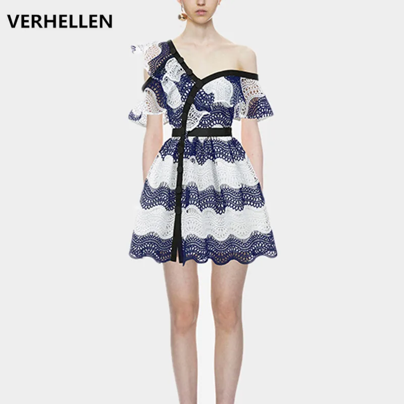 

VERHELLEN High Quality Runway Designer Self Portrait Dress 2019 Summer Women Sexy One Shoulder Hollow Out Ruffles Lace Dress
