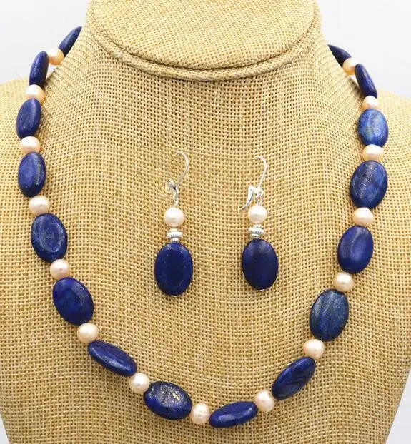 

Beautiful 20" 13x18mm blue lapis lazuli White Pearl necklace Earrings Set