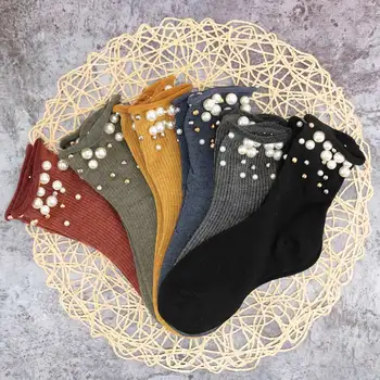 

Women Solid Cotton Crimping Beaded Stripe Handmade Pearl Socks Ankle High Autumn Winter Pile of Socks Harajuku Creative Design
