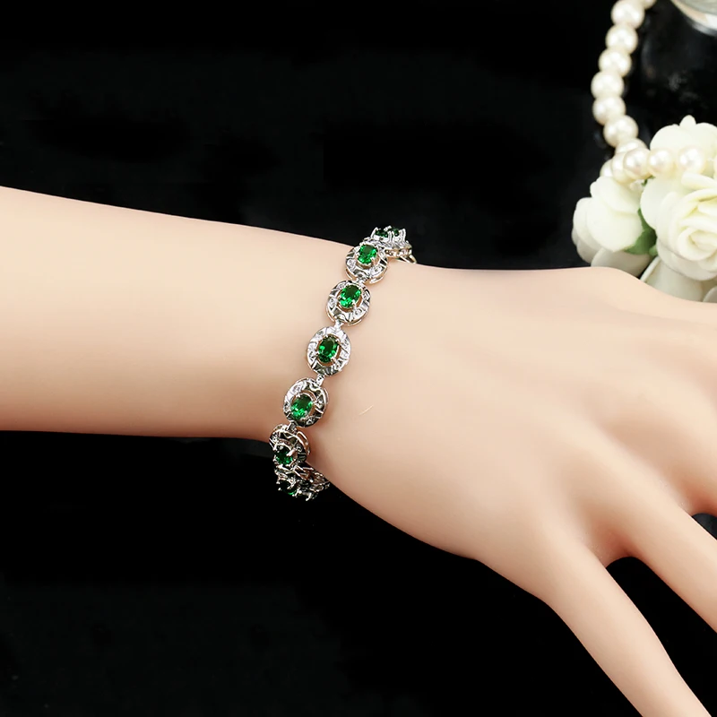 Pera Высокое качество полный большой круглый соединен создан зеленый камень для женщин звено цепи браслет ювелирные изделия с белым золотом цвет B094