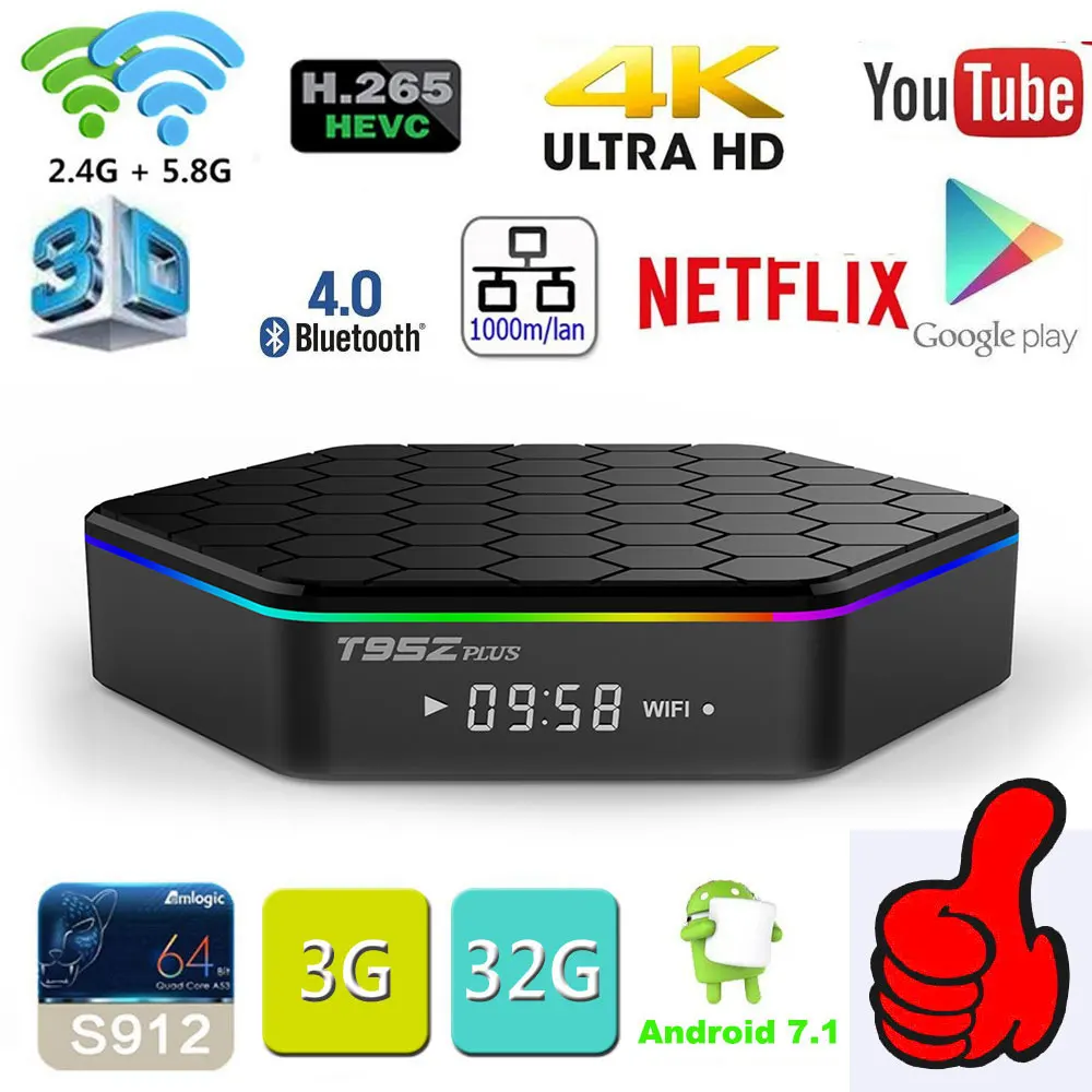 Оригинальный T95Z Plus Smart TV BOX 2 ГБ/16 ГБ 3 Гб/32 Восьмиядерный процессор Amlogic S912 Android 7 1 TVBOX