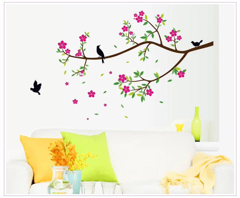 

% Flower Sakura Wall Stickers Tree branch Peach Blossom birds Wall Stickers Kids Room bedroom Living Room Mural Home Decoration