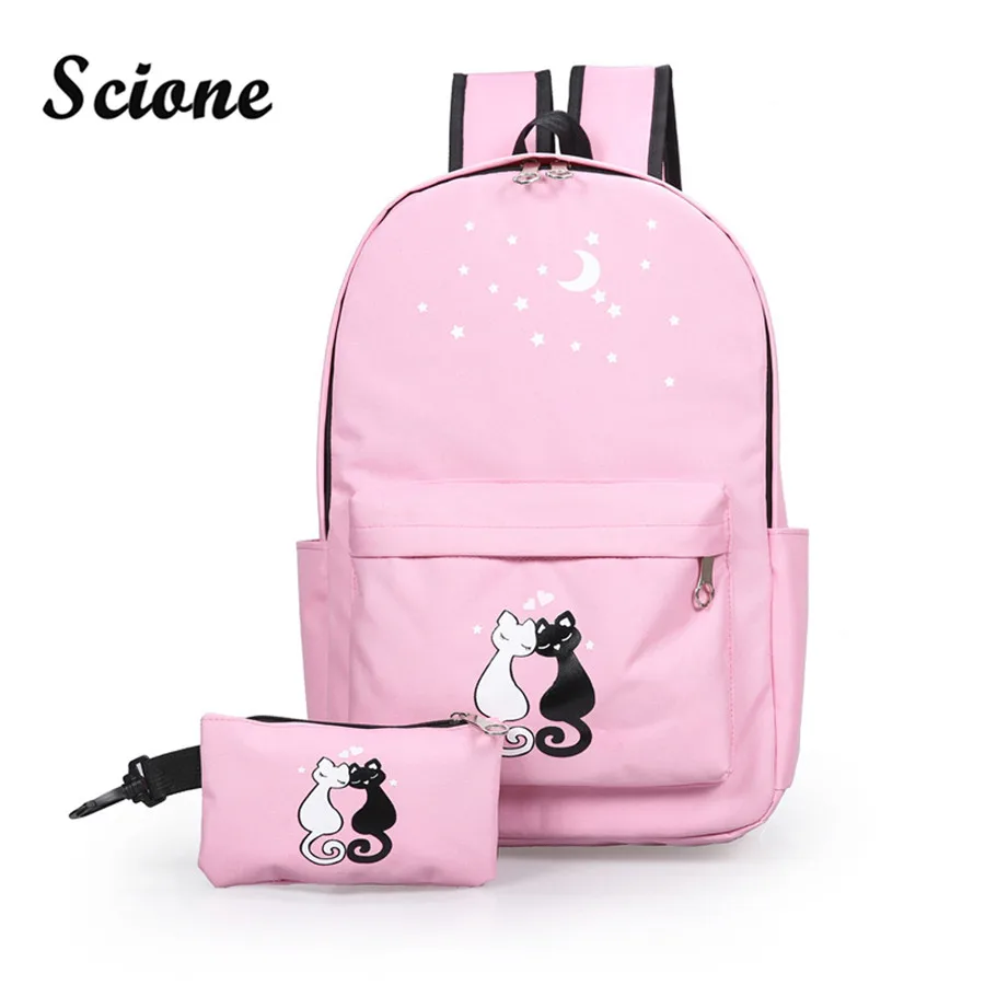 Fashion Lovely Cartoon Cat Printing Backpack Women Bag Canvas School Shoulder Bag Teenagers Girls Daily Backpack