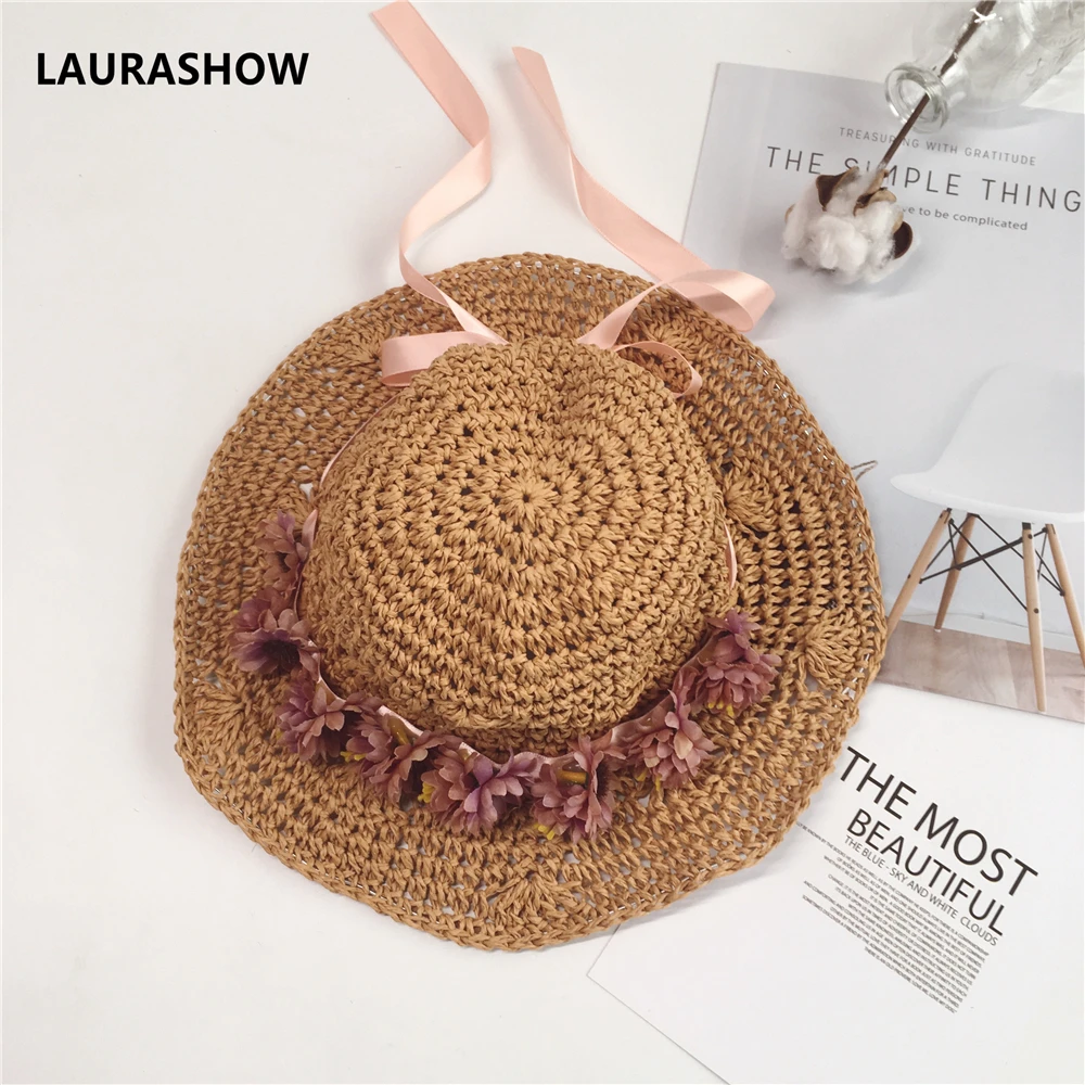 Laurashow малыш Защита от солнца шляпы Летние повседневные сладкий цветок соломы открытый пляж большой шапки
