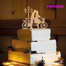 Деревянный Торт Топпер, езда на велосипеде Жених и невеста свадебный торт Топпер Юбилей/помолвка торт украшение с бесплатной доставкой