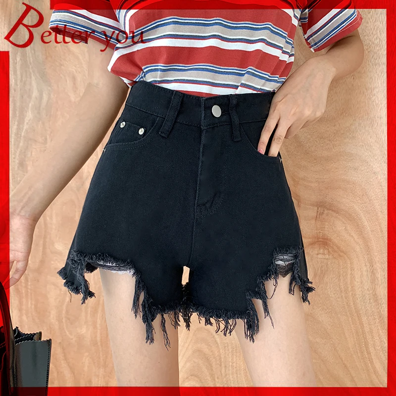 

Fashion Black Blue retro Korean jeans loose casual shorts women high waist A-line denim shorts