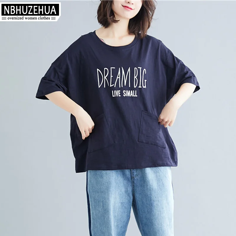 

NBHUZEHUA 2019 Plus Size Summer T Shirts For Women Letters Print Loose Blue White Harajuku Top Basic Tshirt 4XL 5XL 6XL 19-D196
