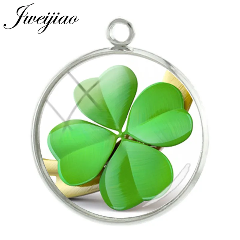 

JWEIJIAO Beautiful Four Leaf Clover Pendant Charms Glass Green Plants Picture Dome For Necklace Keyring Charm QF319