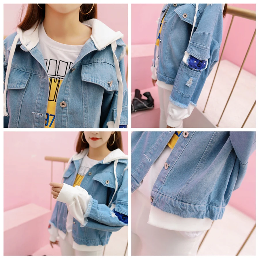 Women Hole Short Embroidery Denim Jacket Loose Solid Korean Denim Jacket Coat Winter Women'S Retro Trend Fashion Wear New 2019