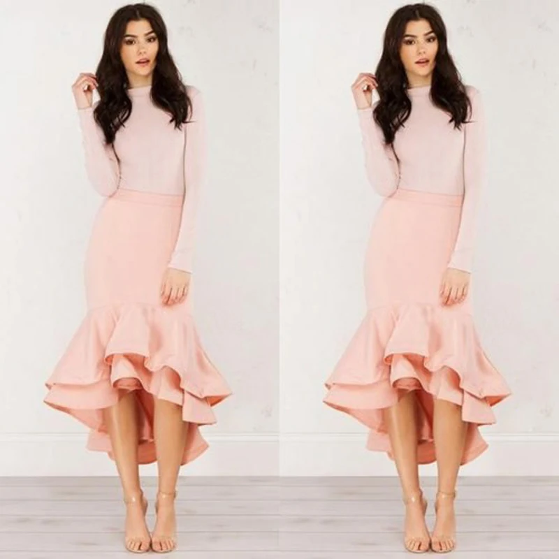 

Trendy Mermaid Blush Pink Women Skirt Ribbon Zipper Waist Ruffled Sheath Custom Made Candy Color High Quality Faldas Midi Skirts