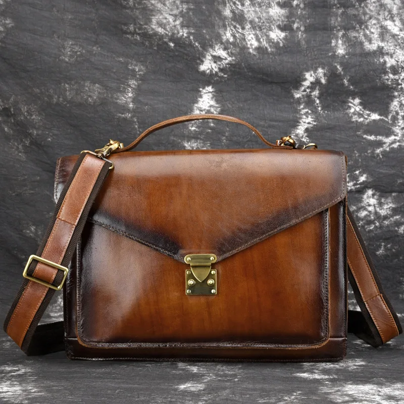 

High Quality Genuine Leather Men Briefcase Messenger Shoulder Handbag Retro Luxury CrossBody Tote Bag Business Top Handle Bags