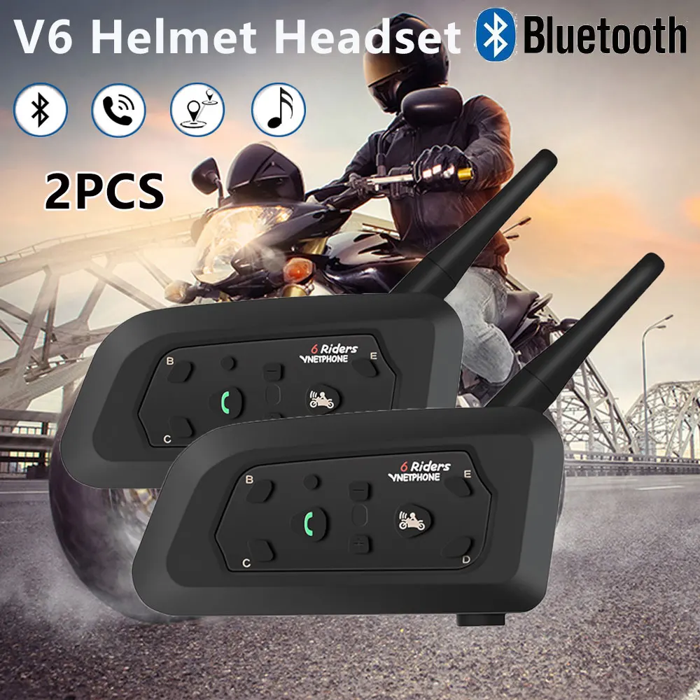 

2PCS V6 Intercom 1200m Helmet Headset Motorcycle Bluetooth Helmet Wireless Intercom Interphone BT Intercomunicador for 6 Riders
