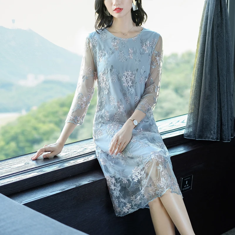 

Light blue dress women clothes elegant lace long sleeve party gown dresses plus size large big robe embroidery autumn winter