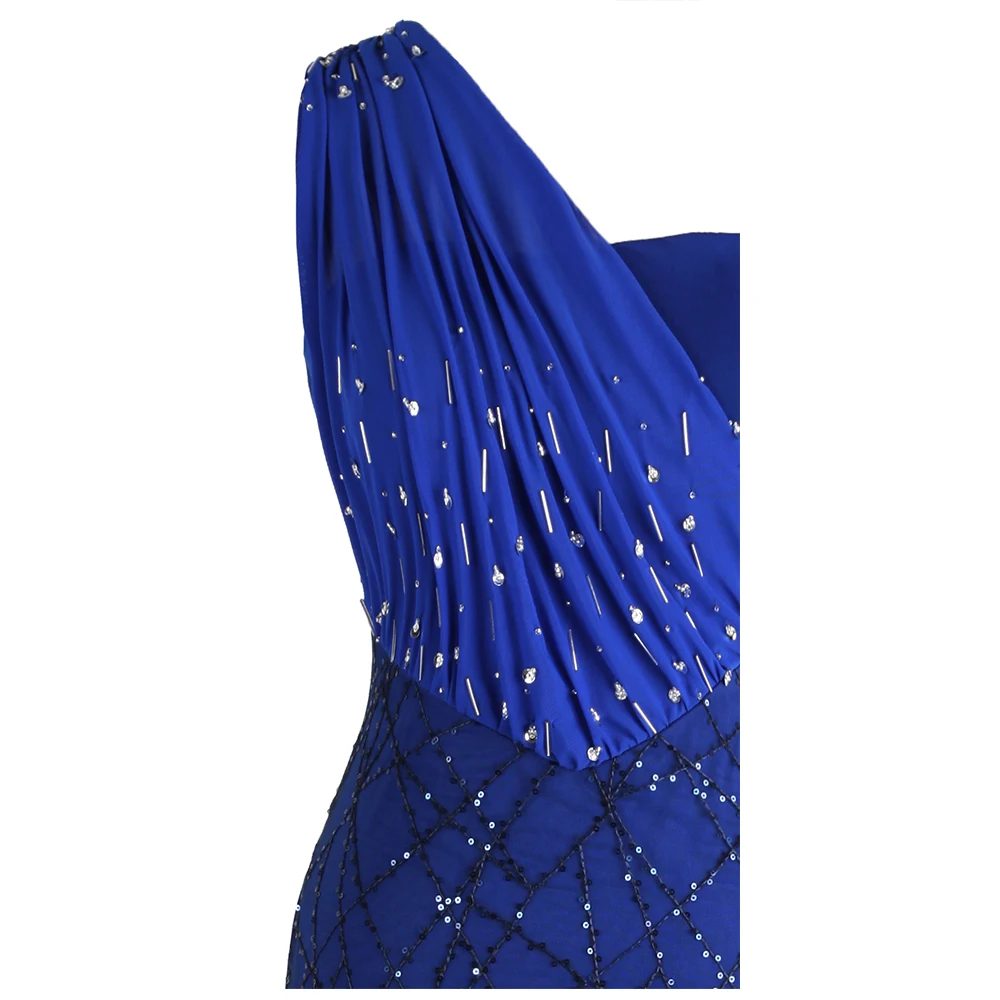 Angel-Fashion, женские вечерние платья на одно плечо, плиссированные, с бисером, с блестками, вечерние платья русалки, голубое, 391