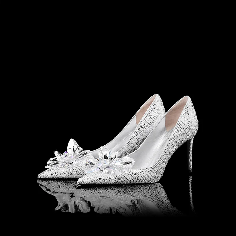 

OLOME 2019 new rhinestone for cinderella shoes women pumpus pointed toe woman crystal wedding Sheepskin High-heeled shoes