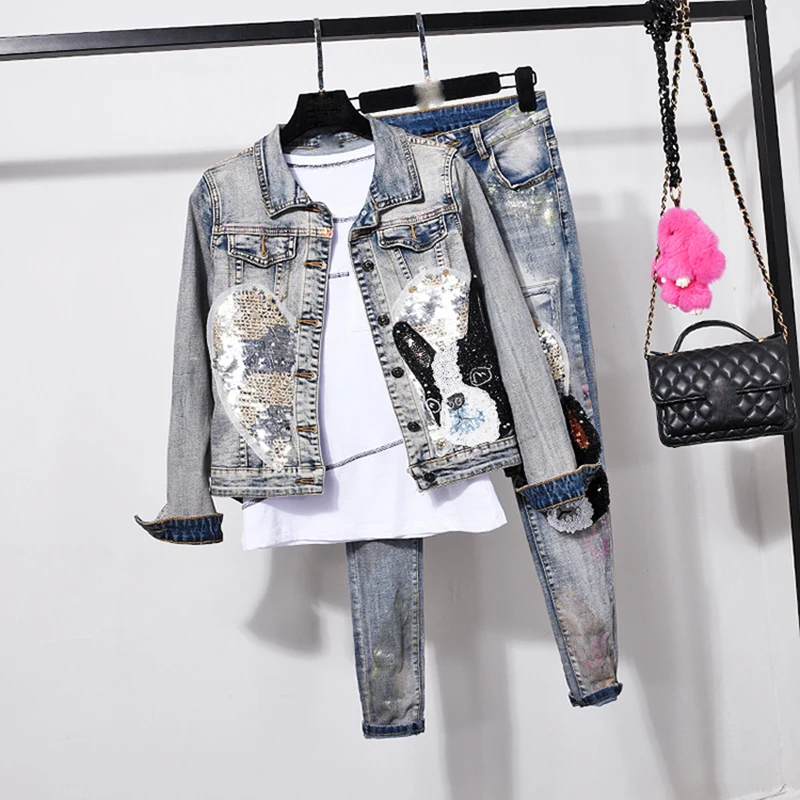 

Spring suits women fashion Cartoon sequins short denim jacket+jean 2pcs sets female slim trend cowboy sets lady street wear jean