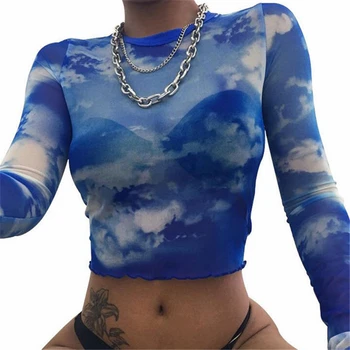 

arrival Women Shirt Sexy Floral Crop Top Long Sleeve Slim Blouse Mesh Print Clubwear