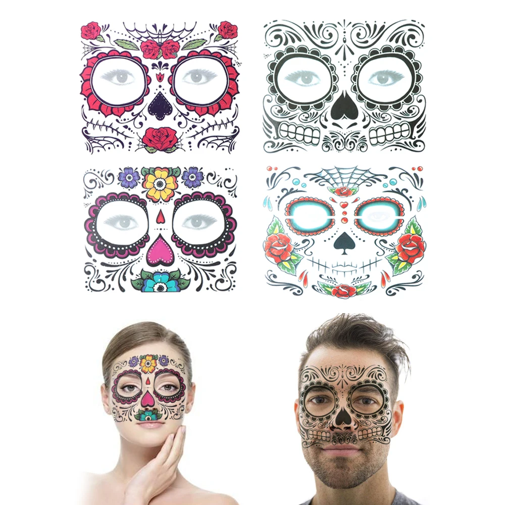 1PC Day of The Dead Skull Face Dress Up Special Waterproof Half Face Temporary Tattoo Stickers Pop Halloween Facial Makeup Tools