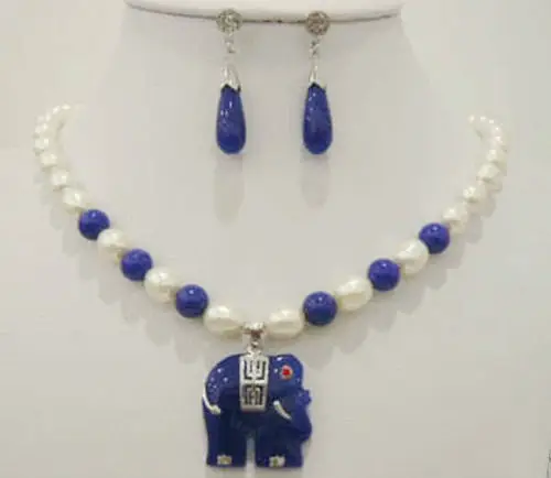 

00731 white Akoya Cultured pearl & blue jade elephant pendant necklace earrings jewelry set (A0423)