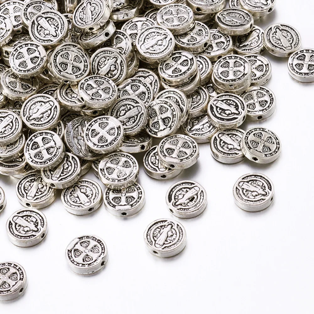 

50 PCs Tibetan Style Flat Round Spacers Beads 10x2.5mm Antique Silver Tone Jesus Cross Crucifix Saint Benedict Medal Hole: 1mm