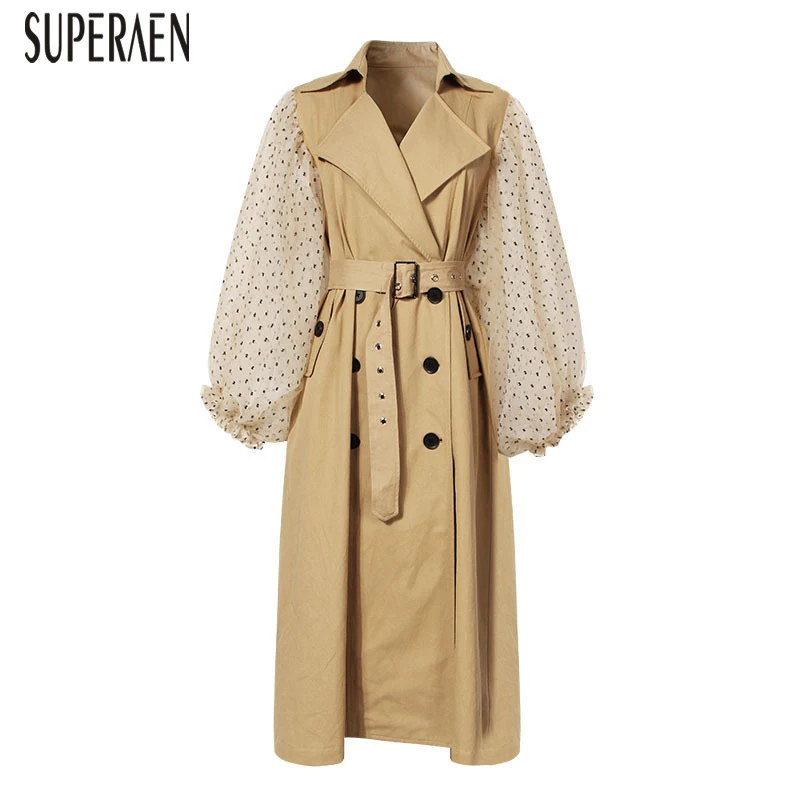 

SuperAen 2019 Spring and Autumn New Trench Coat for Women Wild Casual Mesh Stitching Ladies Windbreaker Europe Women Clothing
