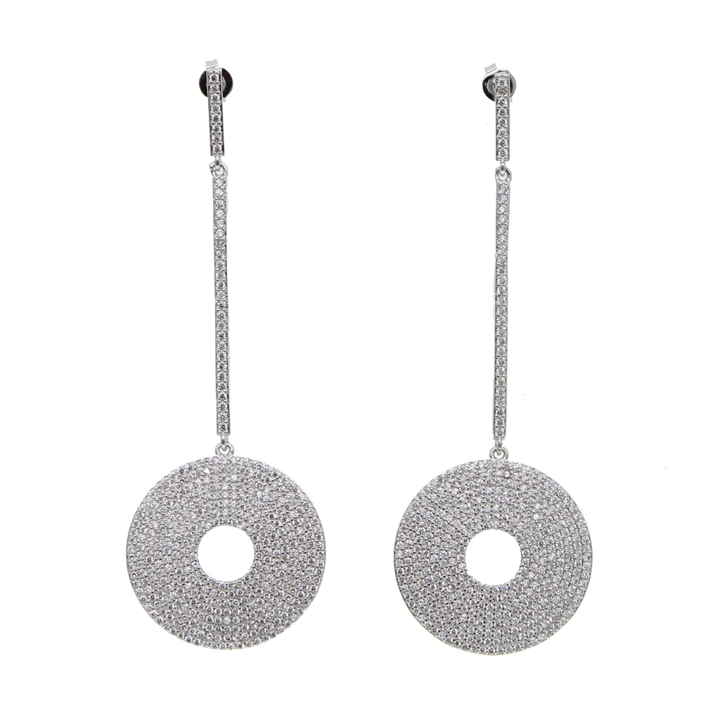 

High Quality 21mm Round Cubic Zircon Earrings for Women Ladies Girls CZ Crystals long dangle Earrings silver Gold Color Jewelry