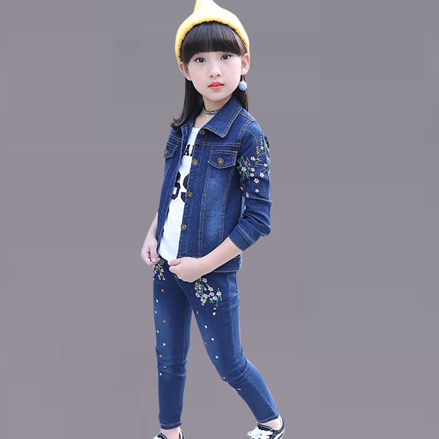 

Autumn Denim Clothing For Girls Floral Jacket+Jeans Fashion Children's Costume Winter Teenage Clothes For Girls 6 8 12 Years