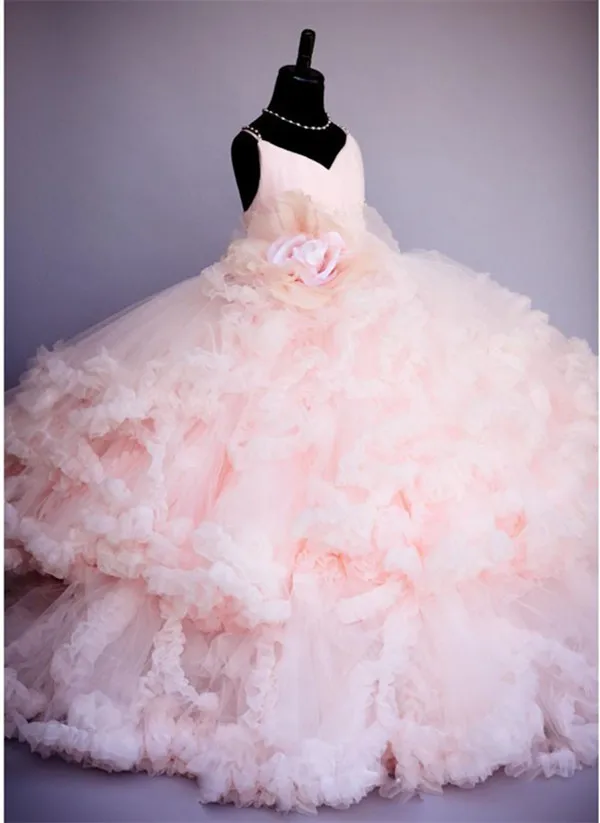 

Pink Flower Girls Dresses Spaghetti Straps Ball Gown Ruffles Organza Pageant Dress for Girls Long Girl Dresses for Wedding