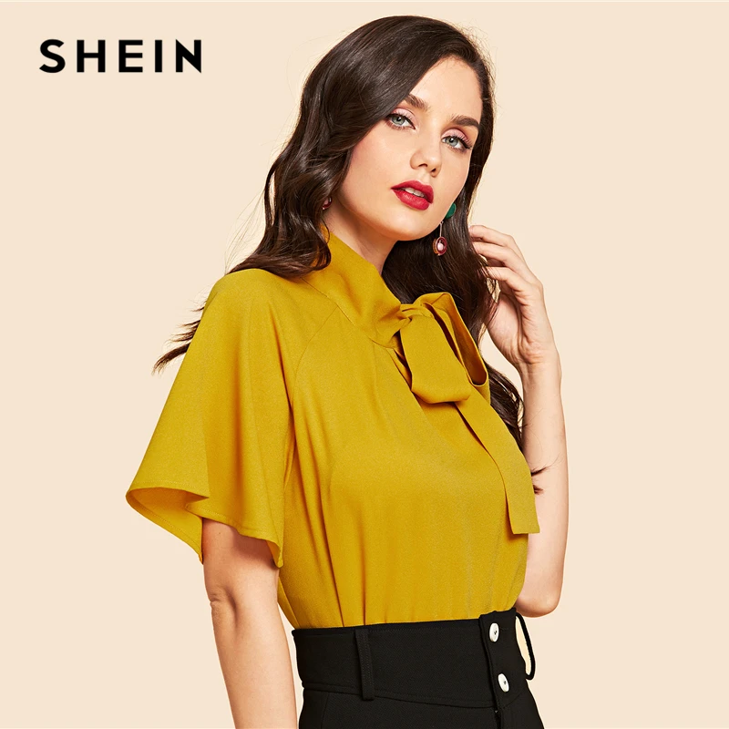 SHEIN Яркий Топ С Бантом И Рукавами Флаттерами Нарядная Офисная Блузка|Блузки| |