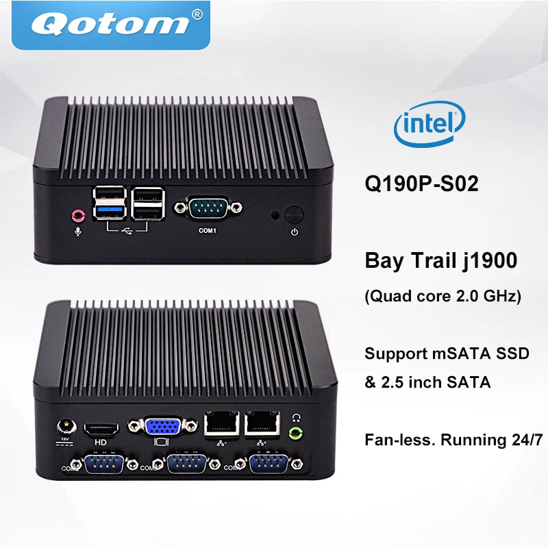 

QOTOM Mini PC Q190P with Baytrail j1900 Processor and 4 RS232 2 LAN 4 USB, Fanless Mini Industrial PC Quad Core 2.42 GHz