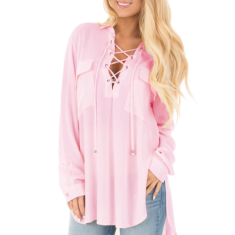 Women's Long Sleeve Lace Up Shirt Ladies Loose Casual Party Blouse Tops T-shirt