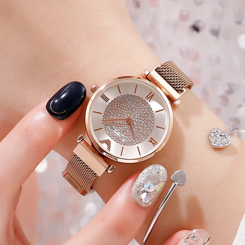 Женские часы Топ бренд женские наручные часы из розового золота для женщин relogio feminino Роскошные Кварцевые часы с бриллиантами и магнитной сеткой