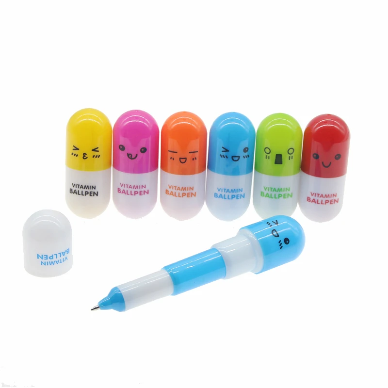 

6pcs Cute Smiling Face Pill Ball Point Pen Novelty Stationery Telescopic Vitamin Capsule Ballpen For School Use