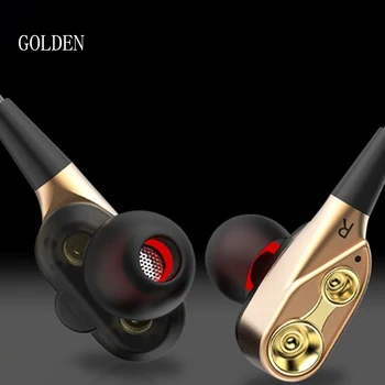 

wire control earphones HD mic double moving coil four core super bass stereo noise cancelling Gold plug HIFI music sport headset