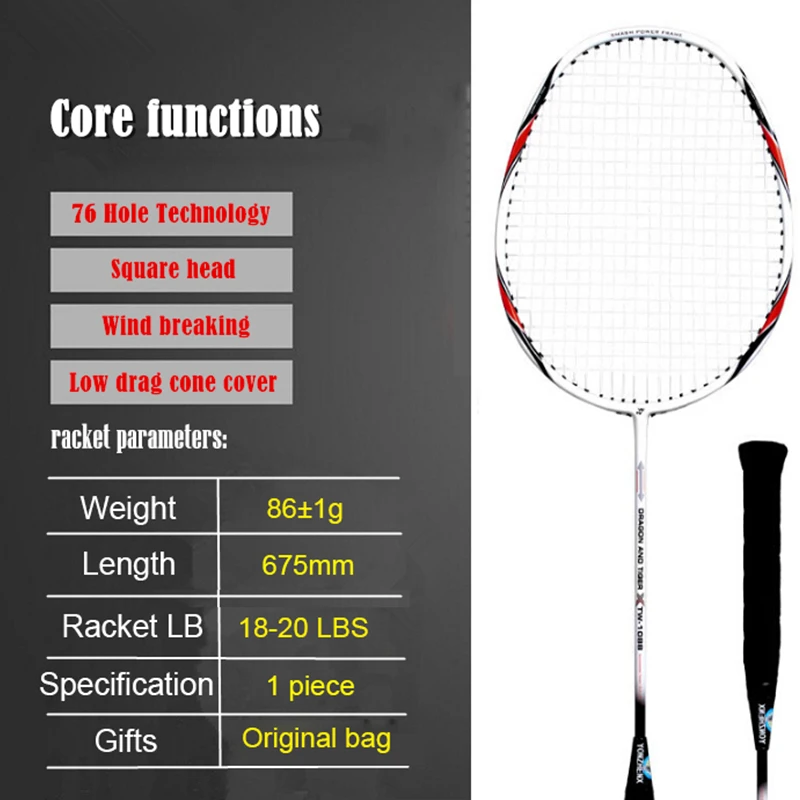 LUZ Ultra 87g de peso 1 unidades 20 LBS raqueta de bádminton compuestos de carbono profesional raqueta de bádminton con bolsa de transporte