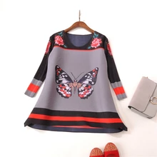 Miyake new folding women s jacket butterfly print color stripe thin shirt pleated shirts free shipping