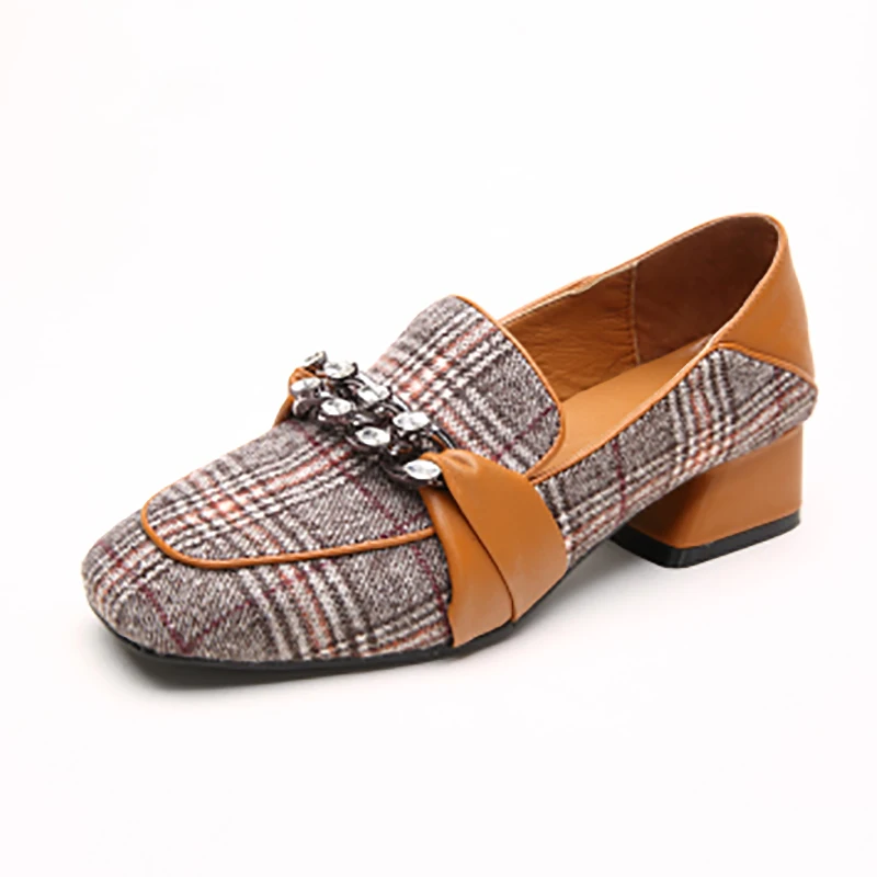 

JAWAKYE Caramel Grid cloth Chunky Low Heel Dress Shoes Women Rome Square Toe Brown black Patchwork Slip on Pumps Shoes