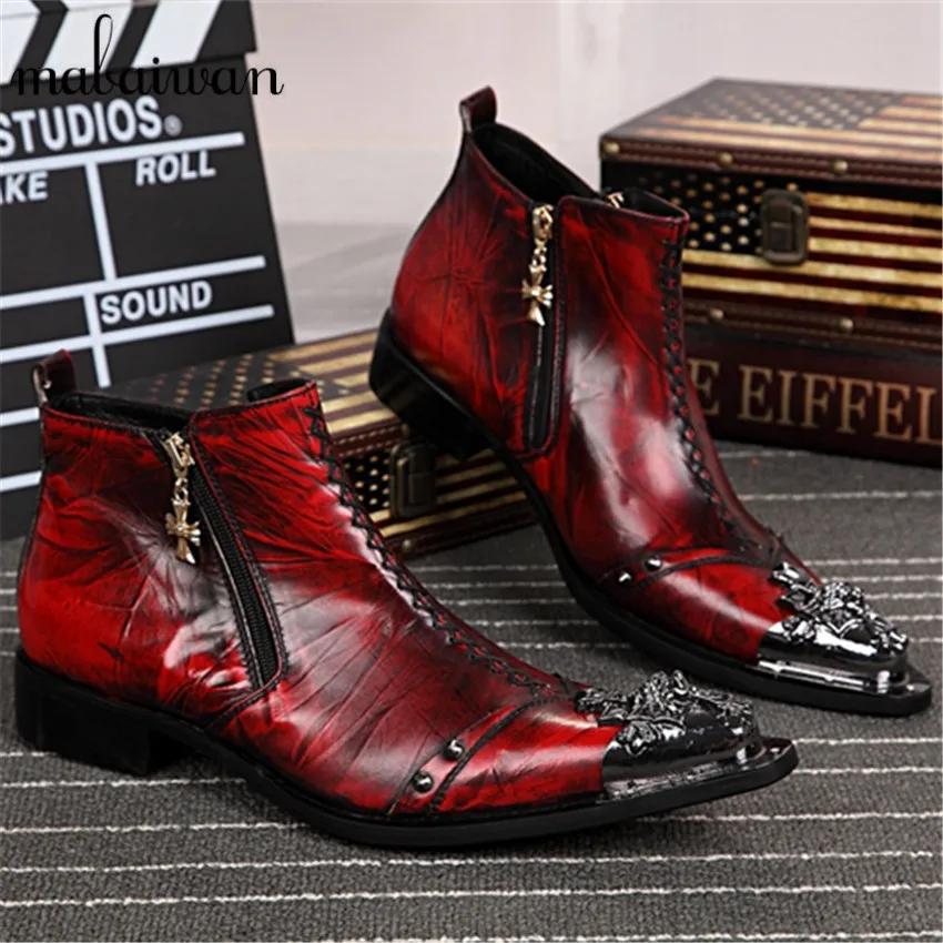 Red Plicated Leather Men Ankle Boots Metal Pointed Toe Mens Wedding Dress Shoes Rivet High Top Botas Hombre Cowboy Boots